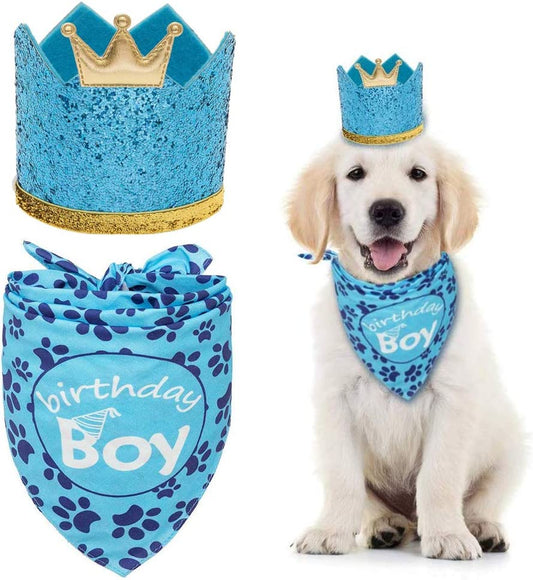 Dog Birthday Bandana with Crown Hat - Triangle Scarfs and Cute Party Hat for Pets, Blue Animals & Pet Supplies > Pet Supplies > Dog Supplies > Dog Apparel HAOBO   