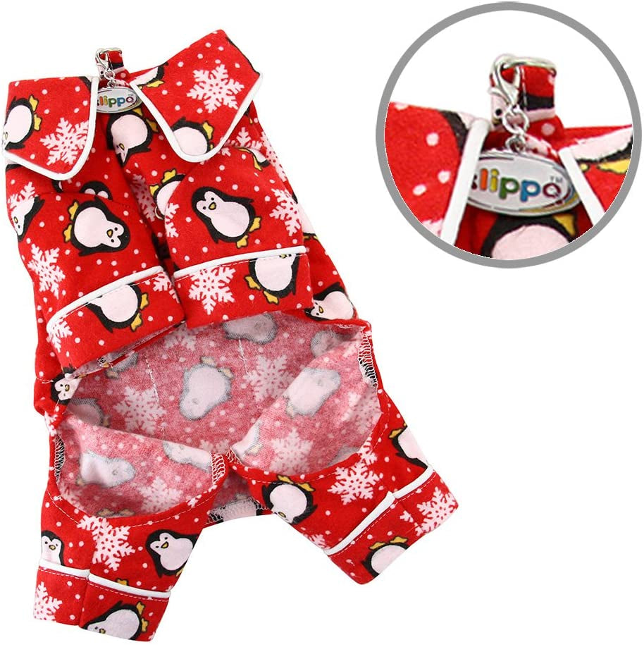 Klippo Penguins & Snowflake Flannel Dog Pajamas/Bodysuit/Loungewear - Red - Large Animals & Pet Supplies > Pet Supplies > Dog Supplies > Dog Apparel Klippo Pet   