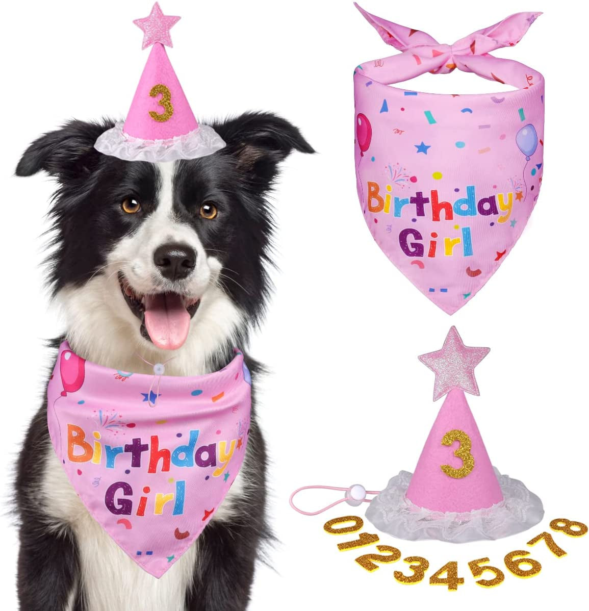 Yicostar Dog Birthday Party Supplies, Dog Birthday Bandana Scarf Dog Puppy Birthday Hat with Numbers for Small Medium Large Dogs Pet Animals & Pet Supplies > Pet Supplies > Dog Supplies > Dog Apparel Yicostar Pink Birthday  