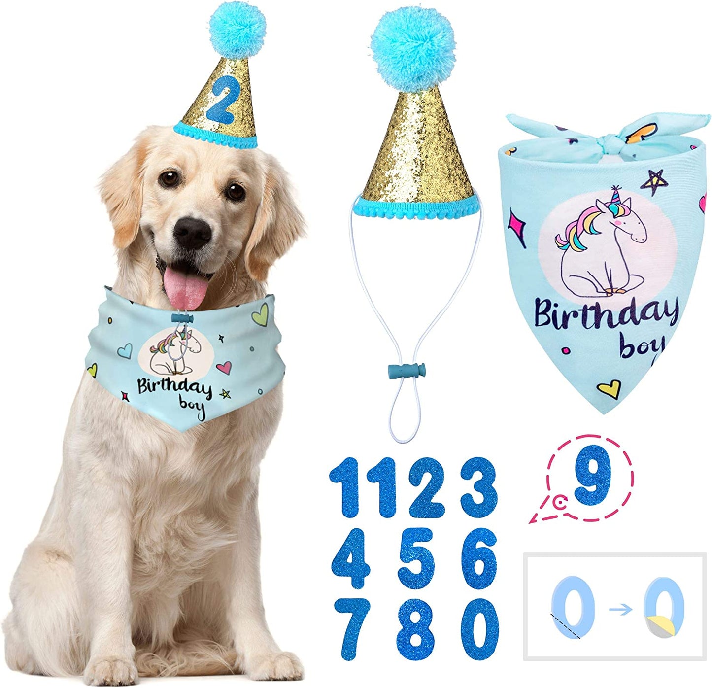 BANMODER Dog Birthday Bandana Square Scarf and Reusable Cute Doggie Birthday Party Hat with 0-8 Figures for Girls Boy (Pink) Animals & Pet Supplies > Pet Supplies > Dog Supplies > Dog Apparel BANMODER BLUE  