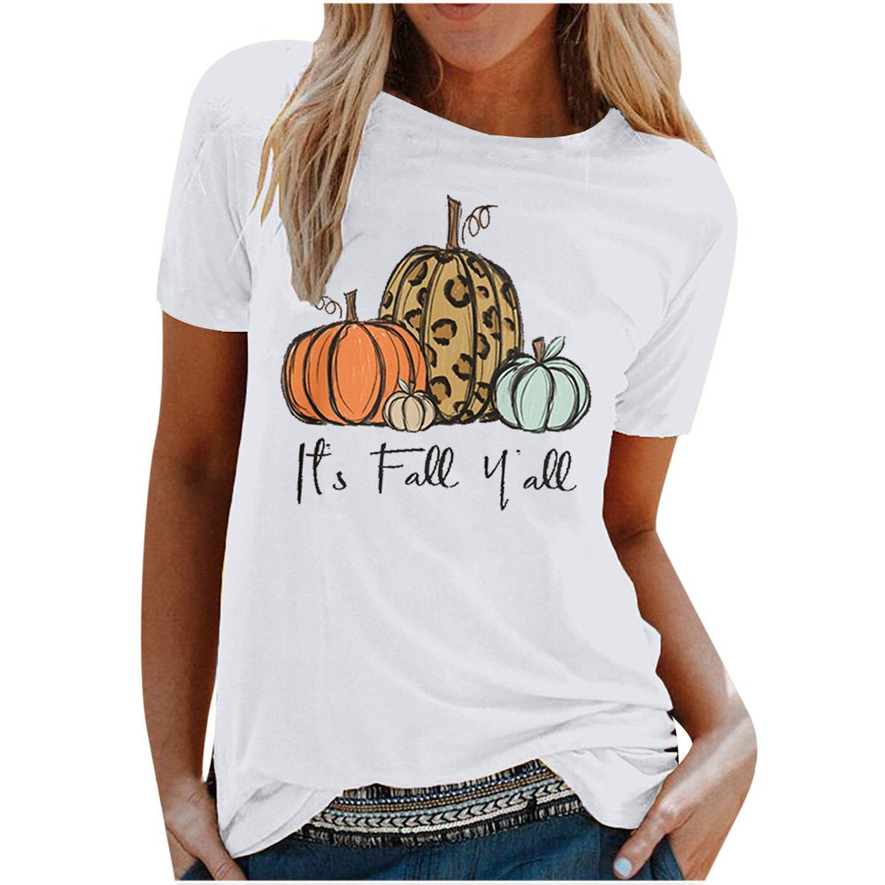 It'S Fall Y'All Women Tops Short Sleeve Pumpkin Graphic Tees Shirts 2022 round Neck Cute T-Shirt Animals & Pet Supplies > Pet Supplies > Cat Supplies > Cat Apparel BRKEWI C-White XXL 