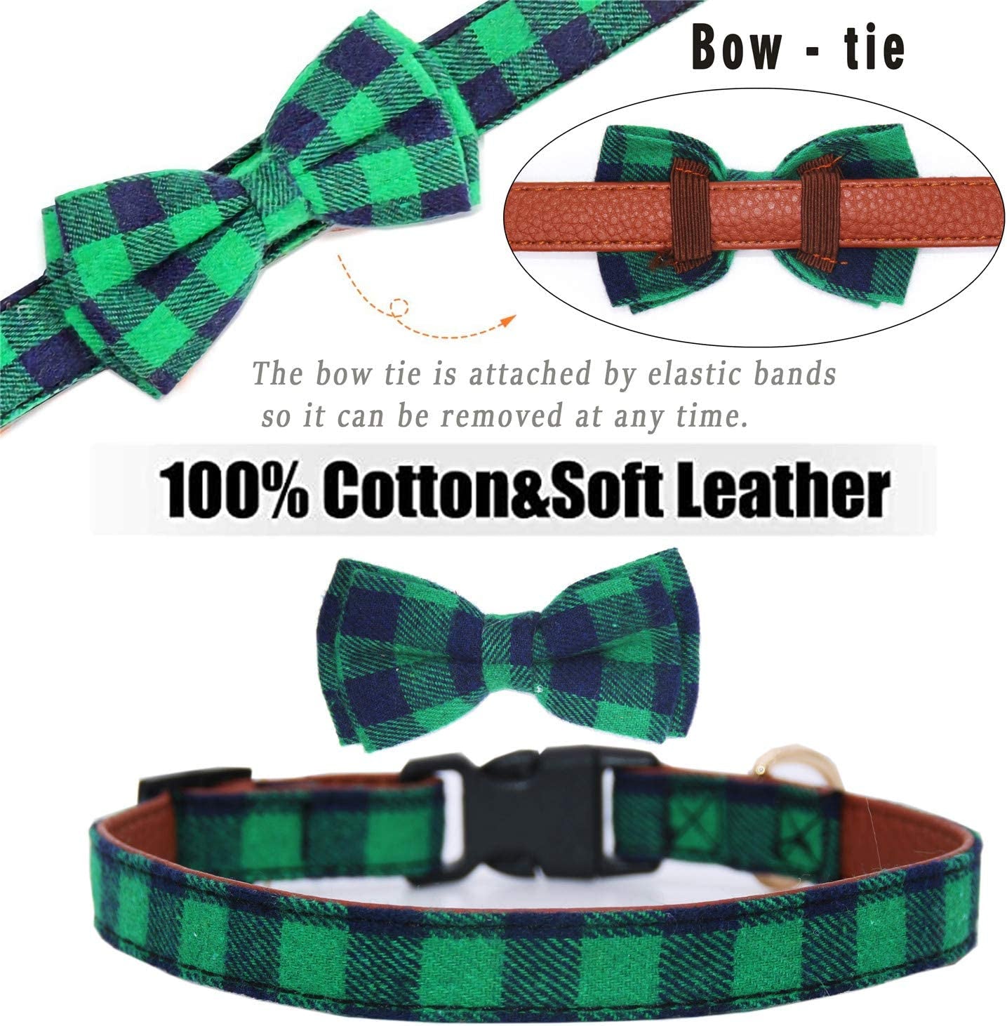 LYSA Dog and Cat Collars ,Detachable Adjustable Bow Tie Collar, British Style Plaid Bowtie--Quality PU Leather and Durable Polyester--Plastic Buckle Light (M, Greenplaid) Animals & Pet Supplies > Pet Supplies > Dog Supplies > Dog Apparel LYSA   