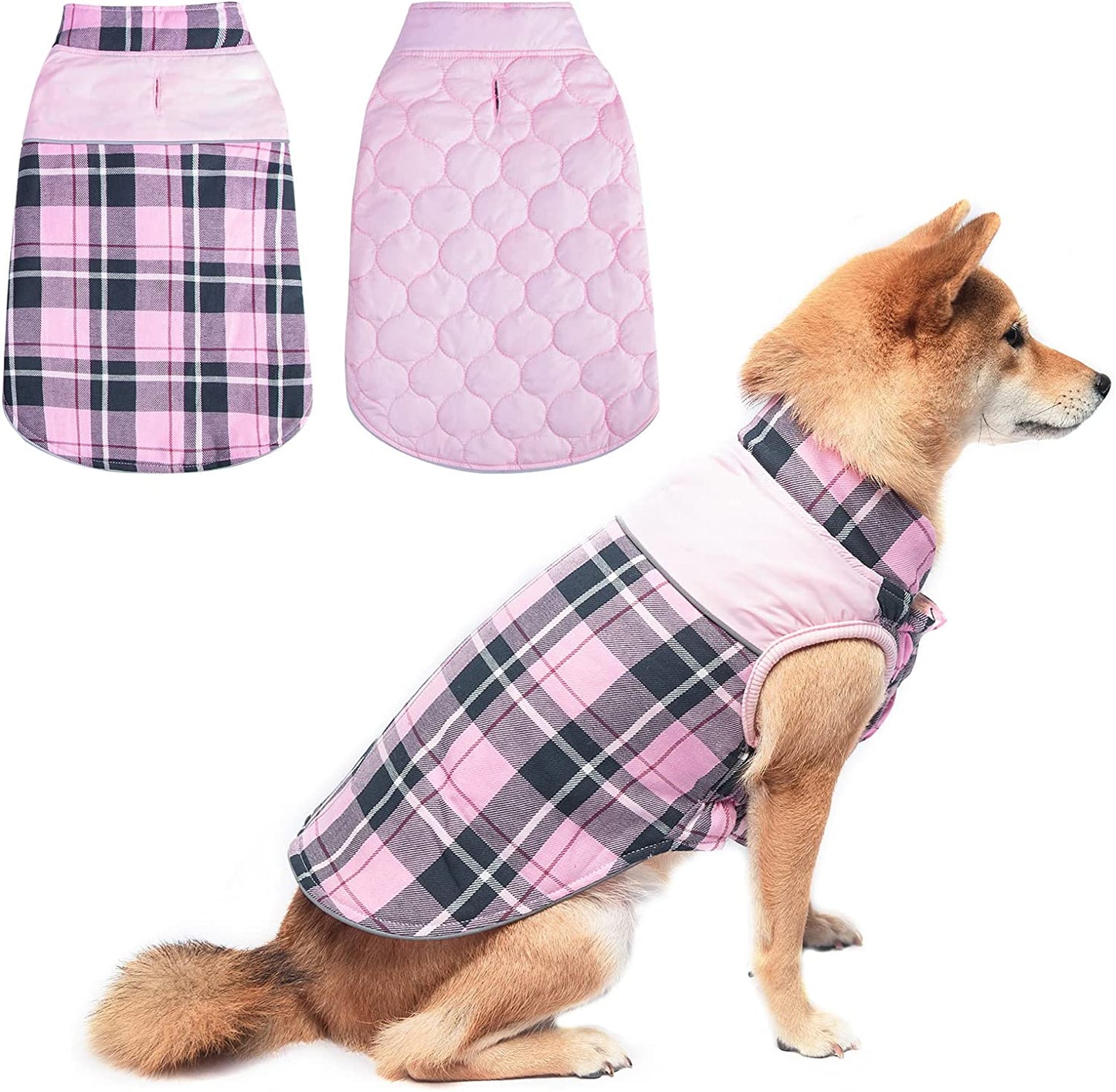 BEAUTYZOO Reflective Dog Winter Coat,Reversible British Style Plaid Dog Vest Windproof Waterproof Dog Jacket Clothes for Small Medium Large Dogs, Pet Apparel Girl or Boy Outfits, Beige L Animals & Pet Supplies > Pet Supplies > Dog Supplies > Dog Apparel BEAUTYZOO Pink Small (Pack of 1) 