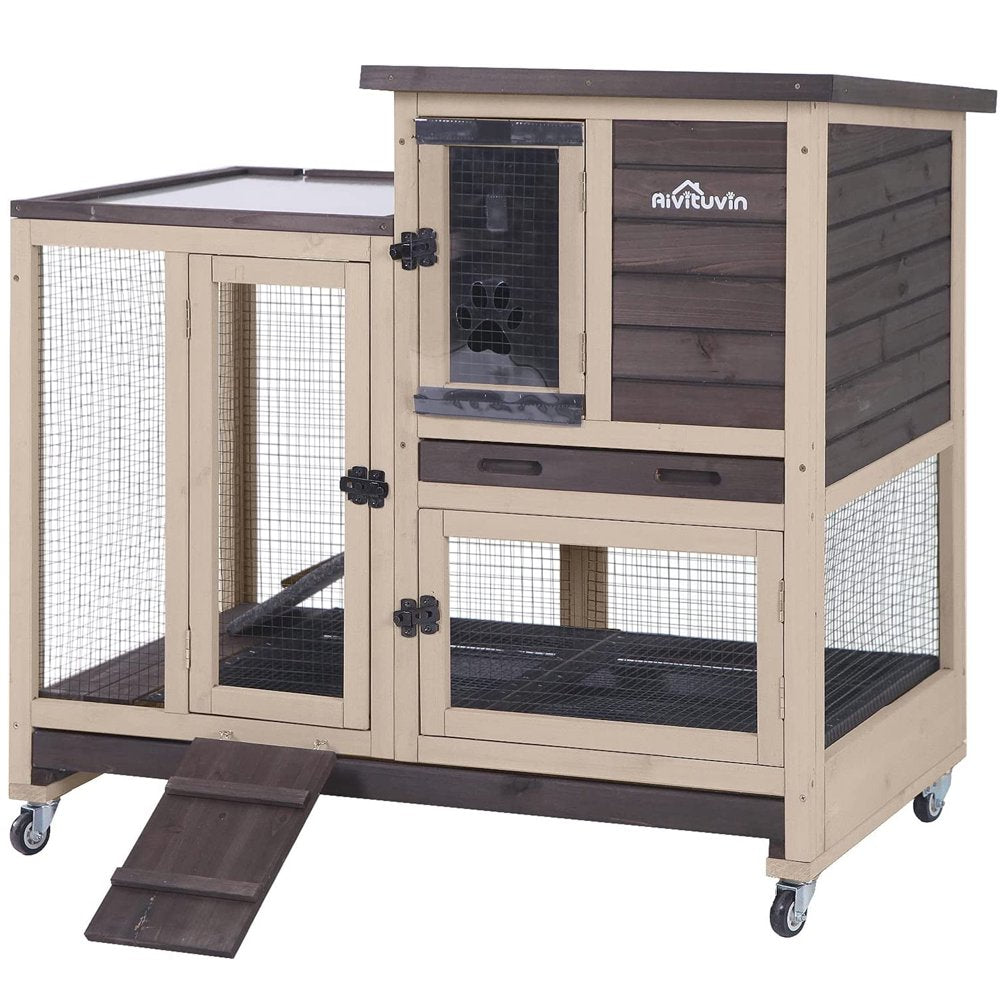 Morgete Wooden Rabbit Hutch with Two Slide Tray Outdoor Bunny Cage Indoor Guinea Pig Habitat Pet House for Small Animals - Mocca Animals & Pet Supplies > Pet Supplies > Small Animal Supplies > Small Animal Habitats & Cages Morgete Inc Coffee  