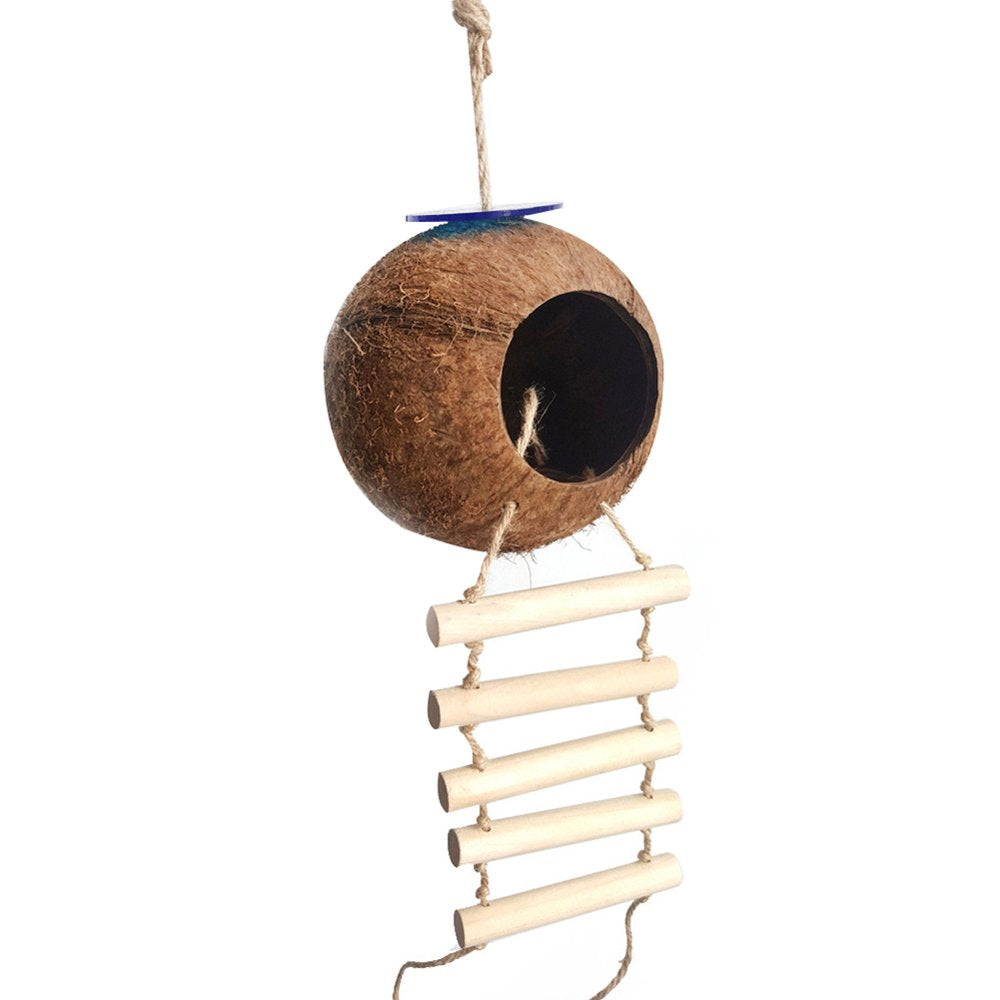 SPRING PARK Coconut Bird Nest Hut with Ladder for Parrots Parakeet Conures Cockatiel - Small Animals House Pet Cage Habitats Decor Animals & Pet Supplies > Pet Supplies > Small Animal Supplies > Small Animal Habitats & Cages SPRING PARK   