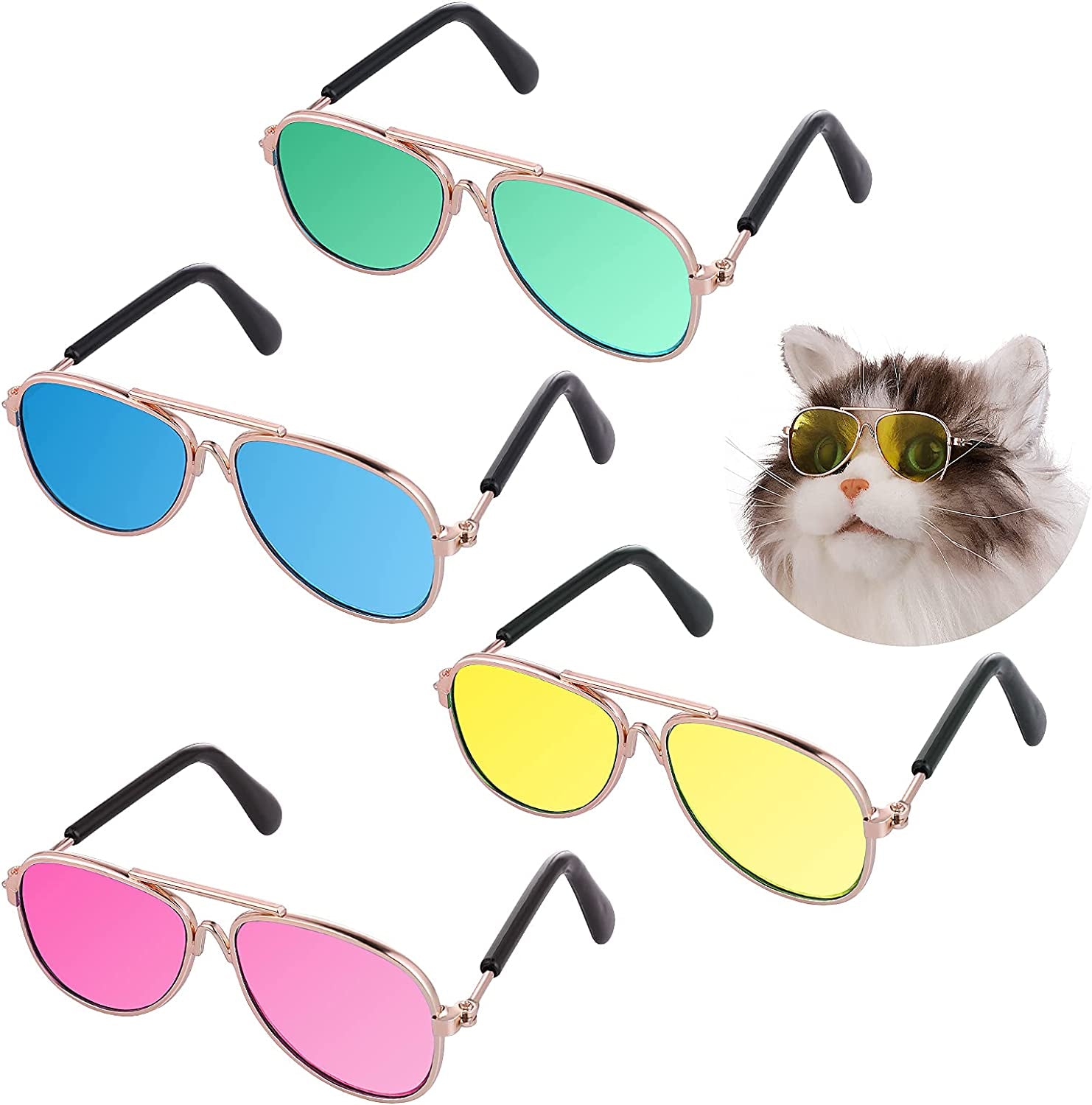 Molain Pet Sunglasses- Cat UV Protection Classic Retro Small Dog Sun Glasses Dolls round Sunglasses Party Cosplay Costume Photo Props Cute Funny Sunglasses (4Pcs) Animals & Pet Supplies > Pet Supplies > Dog Supplies > Dog Apparel Molain 4Pcs- Aviator Sunglasses  