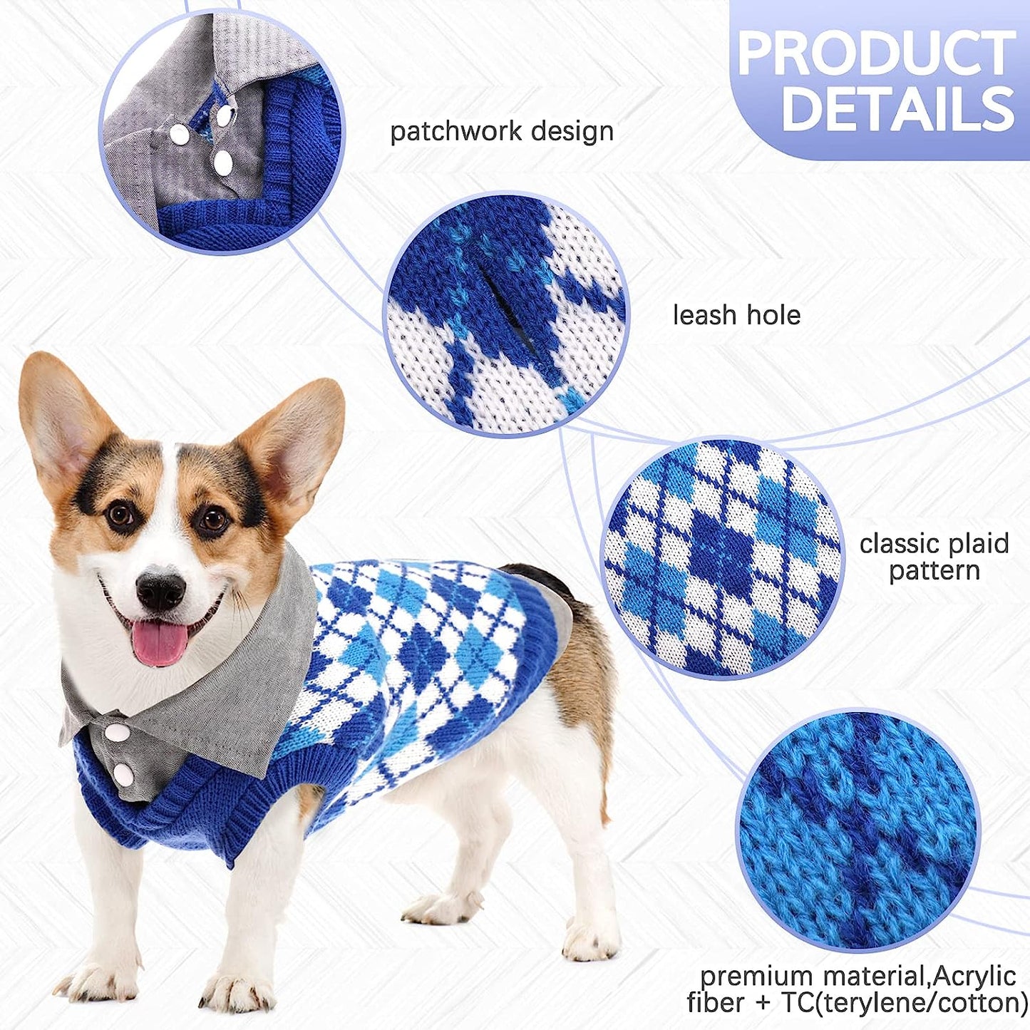 Kuoser Plaid Dog Sweater Warm Clothes, Patchwork Design Pet Dog Knitwear Classic Pullover Puppy Coat Cold Weather Sweatshirts with Leash Hole for Small Medium Cats Dogs (XS, Blue) Animals & Pet Supplies > Pet Supplies > Dog Supplies > Dog Apparel Kuoser   