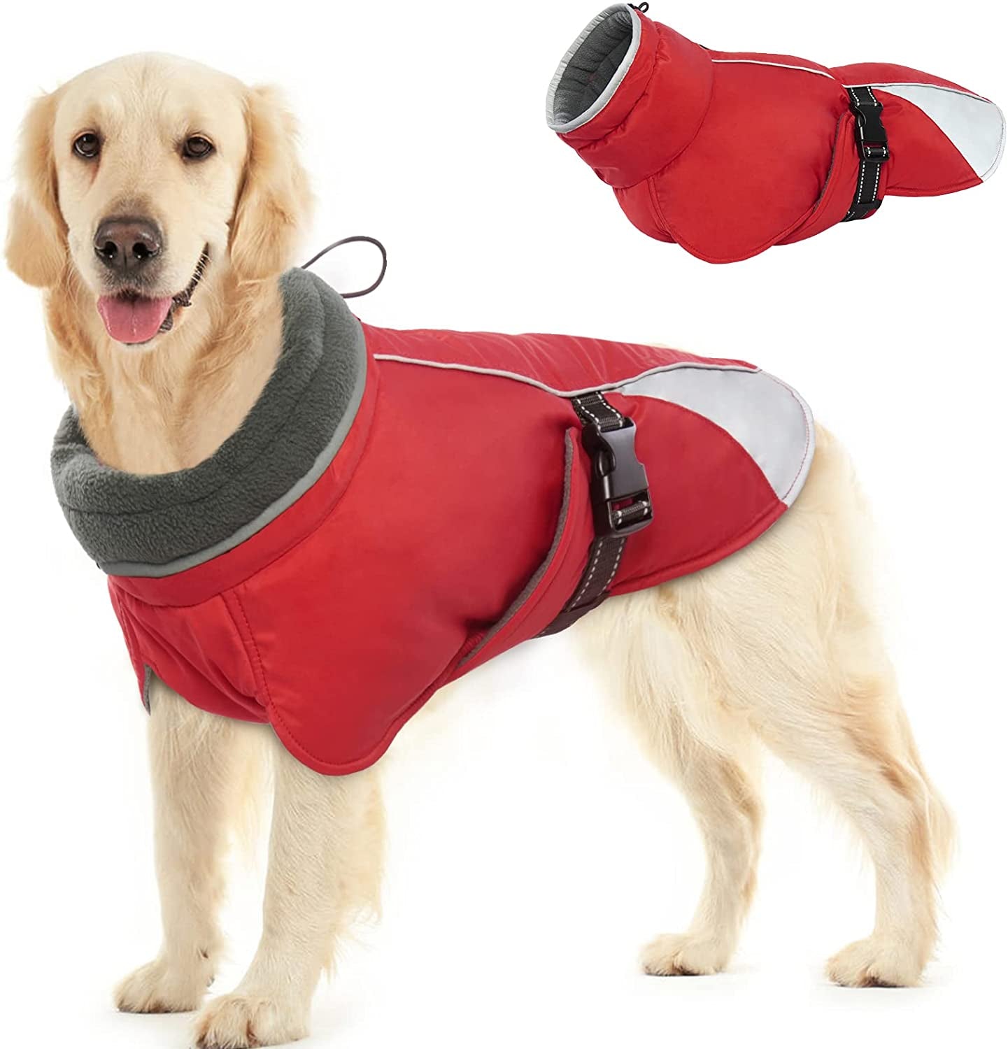 BRKURLEG Dog Jacket Winter Coat,Turtleneck Reflective Dog Cold Weather Coat with Fleece Lining,Waterproof Warm Padded Doggy Waistcoat,Adjustable Neck Chest Girth Dog Windbreaker Vest for All Breeds Animals & Pet Supplies > Pet Supplies > Dog Supplies > Dog Apparel BRKURLEG Red Small 