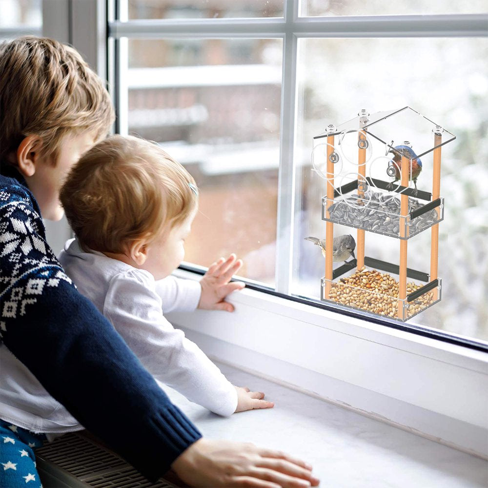 HHXRISE Window Bird Feeder with Strong Suction Cups, Outdoor Acrylic Bird House with 2 Tiers Seed Tray, Large Weatherproof Birdfeeder for Wild Birds, Finch, Cardinal, and Bluebird, Brown Animals & Pet Supplies > Pet Supplies > Bird Supplies > Bird Food HHXRISE   