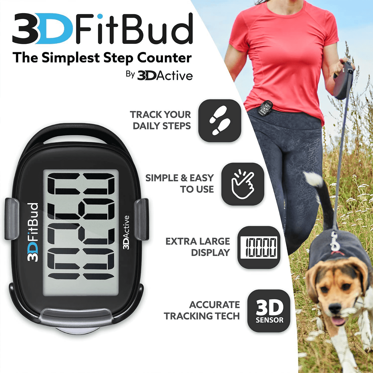 3Dfitbud Simple Step Counter Walking 3D Pedometer with Clip and Lanyard, A420S Animals & Pet Supplies > Pet Supplies > Dog Supplies > Dog Treadmills 3DActive   
