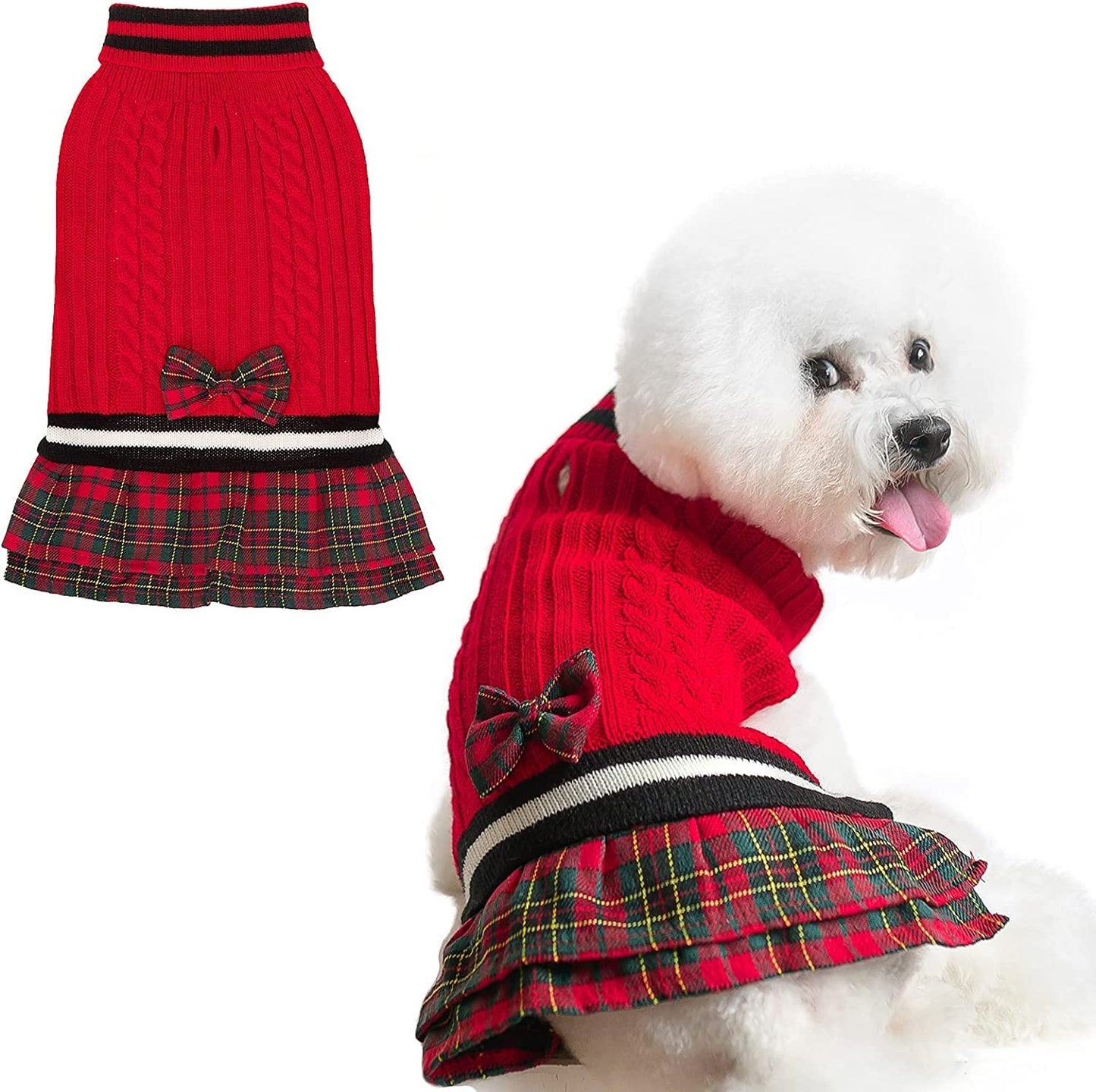 PAWCHIE Dog Sweater Dress Dress with Bowtie - Dog Turtleneck Pullover Knitwear for Small Dogs Girls Cold Weather Sweater with Leash Hole, Suitable for Small Medium Dogs Puppies Animals & Pet Supplies > Pet Supplies > Dog Supplies > Dog Apparel PAWCHIE Red X-Small 