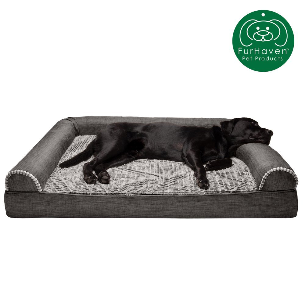 Furhaven Pet Products | Memory Foam Luxe Fur & Performance Linen Sofa-Style Couch Pet Bed for Dogs & Cats, Charcoal, Jumbo Plus Animals & Pet Supplies > Pet Supplies > Cat Supplies > Cat Beds FurHaven Pet Orthopedic Foam Jumbo Plus Charcoal