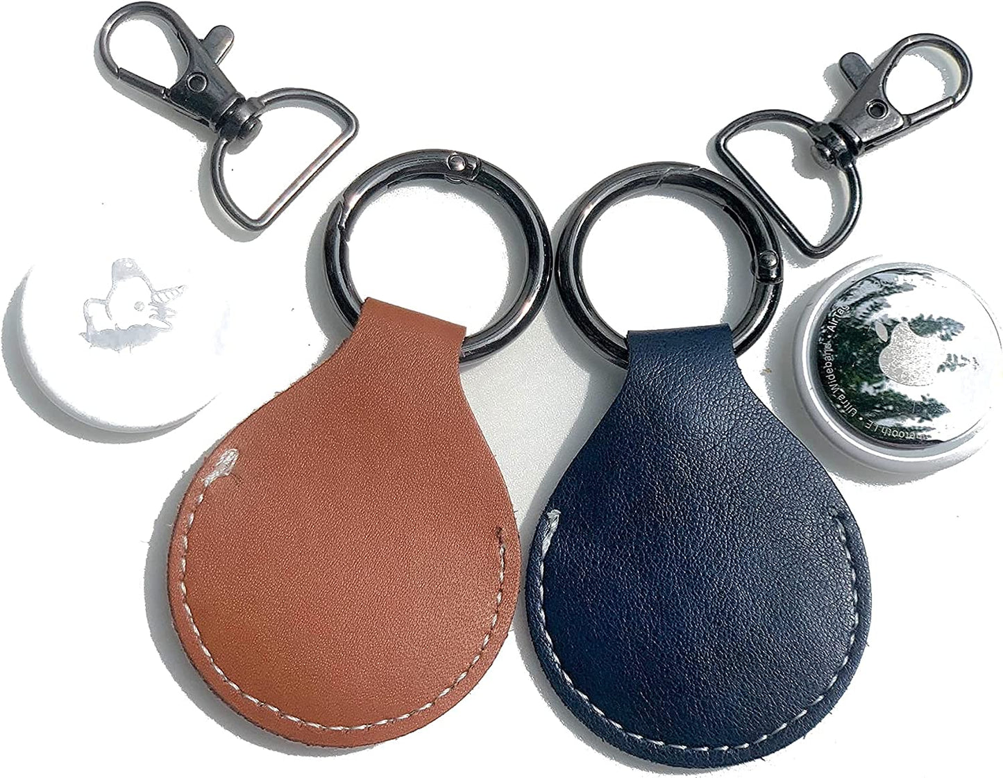 Airtag Holder Air Tag Holder Anti-Lost Items Apple Airtags Pet Collar Protection - NO More Lost VALUABLES - Genuine Leather 2 Pack (Multi Colors: Dark Blue & Saddle Brown) Trendsee (TS LG BE BR)