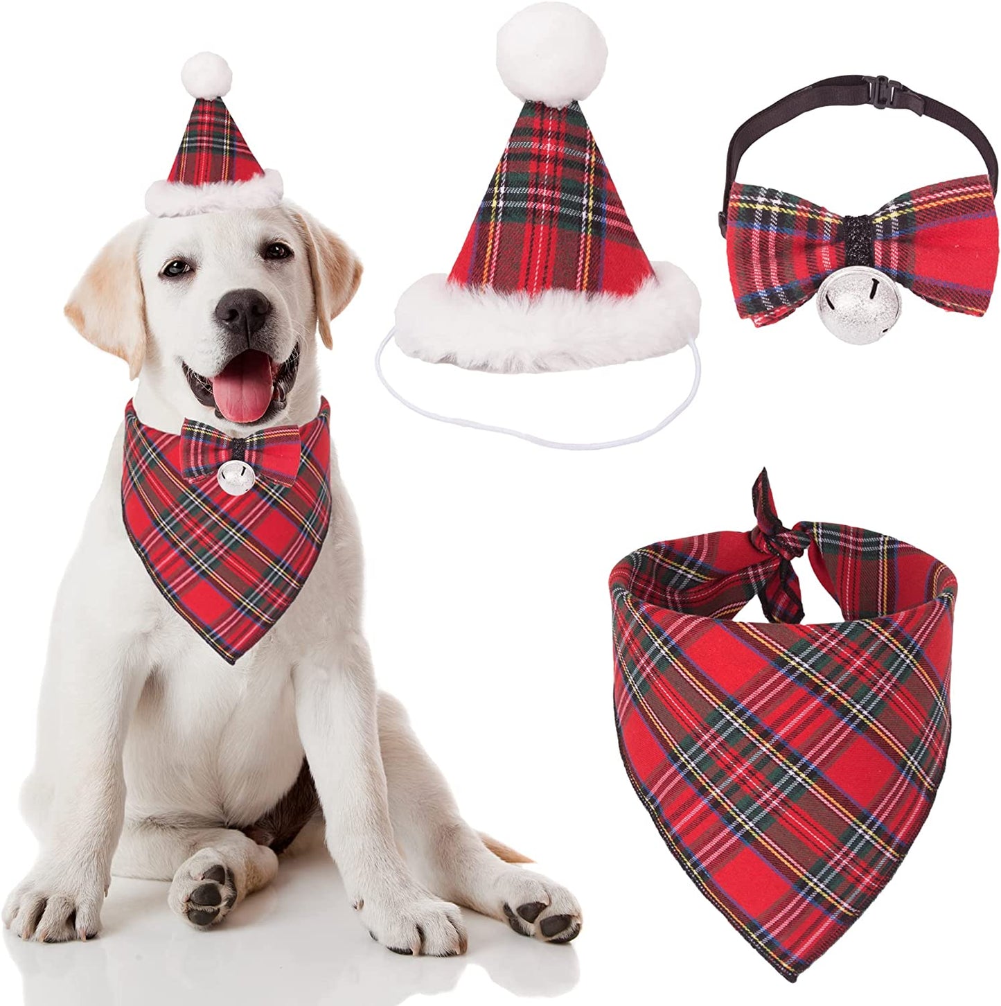 ADOGGYGO Christmas Dog Bandana Hat Bow Tie Set - Classic Plaid Pet Scarf Triangle Bibs Dog Christmas Costume Decoration Accessories for Small Medium Dogs Cats Pets (Large, Red) Animals & Pet Supplies > Pet Supplies > Dog Supplies > Dog Apparel ADOGGYGO Red-2 Large 