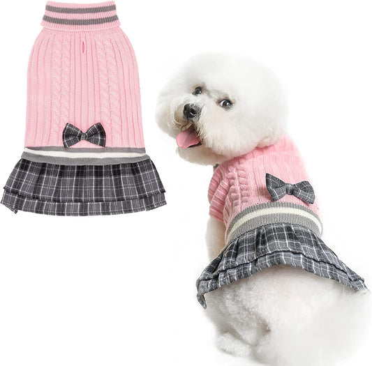 PAWCHIE Dog Sweater Dress Dress with Bowtie - Dog Turtleneck Pullover Knitwear for Small Dogs Girls Cold Weather Sweater with Leash Hole, Suitable for Small Medium Dogs Puppies Animals & Pet Supplies > Pet Supplies > Dog Supplies > Dog Apparel PAWCHIE Pink Small 