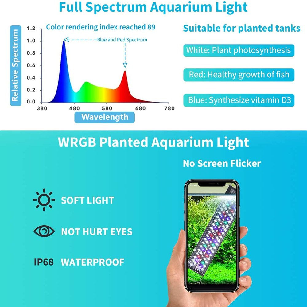 MZDXJ Aquarium Light, LED Aquarium Lights for Fish Tank or Plants Tank, Full Spectrum Fish Tank Light, Programmable, Waterproof, Timer&Diy, 12" 18" 24" 30“ 36" 48" 7Colors Fresh Water Light