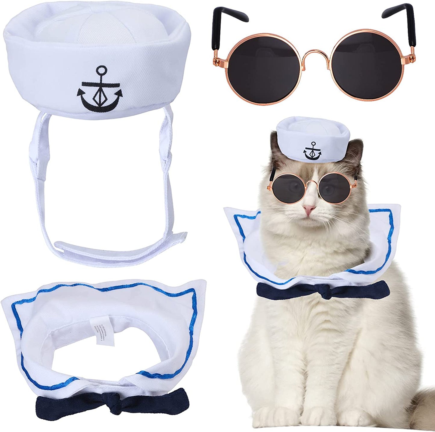 Beesmile Pet Sailor Costume Set Cat Captain Sailor Hat Scarf Sunglasses Navy Outfit for Holiday Halloween Pet Cosplay Animals & Pet Supplies > Pet Supplies > Dog Supplies > Dog Apparel BeeSmile   