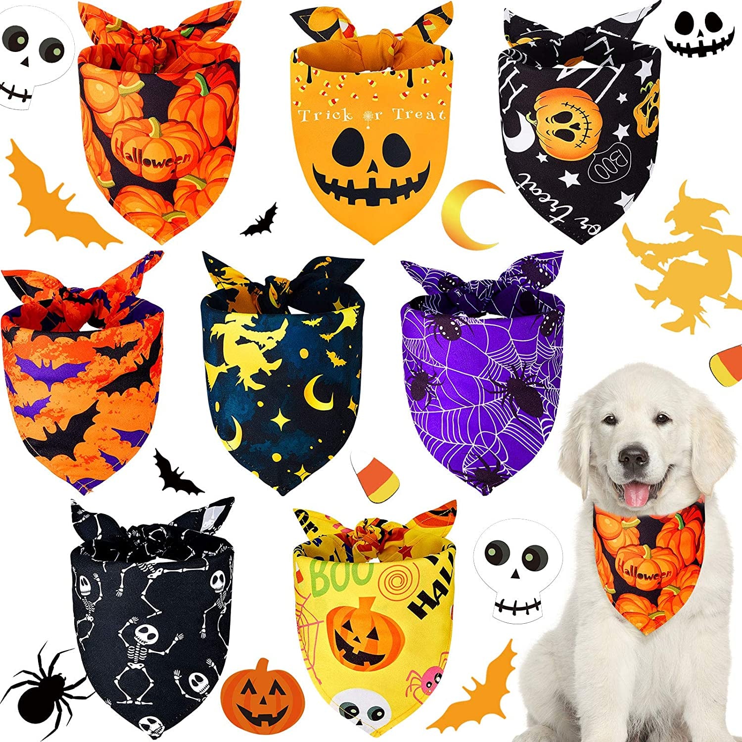 8 Pieces Halloween Dog Bandanas Pumpkin Bat Pet Scarf Dog Triangle Dog Scarf Adjustable Dog Bib Dog Scarf for Halloween Holiday Costume (Spider Style) Animals & Pet Supplies > Pet Supplies > Dog Supplies > Dog Apparel Weewooday Spider Style  