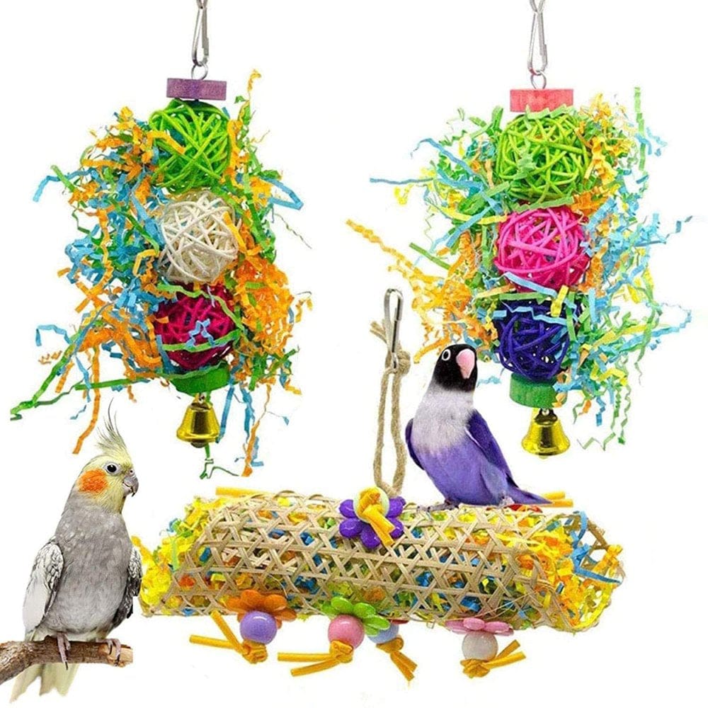 3Pack Bird Chewing Toys Foraging Shredder Toy Parrot Cage Shredder Toy Bird Loofah Toys Foraging Hanging Toy for Cockatiel Conure African Grey Parrot