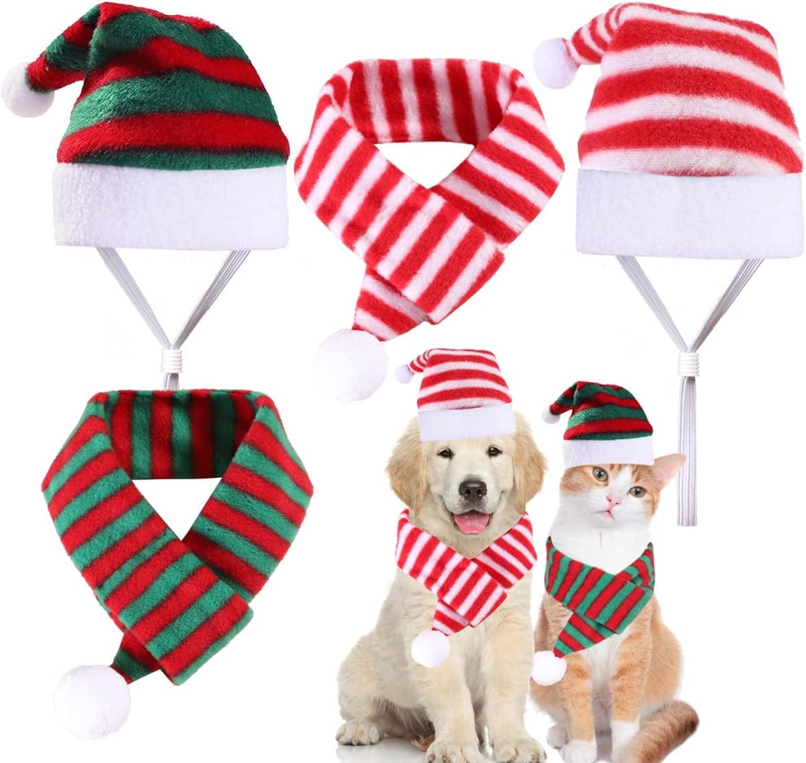 4 Pack Cat Santa Hat with Scarf Dog Christmas Hat and Scarf Striped Christmas Costumes for Small Dogs Cats Animals & Pet Supplies > Pet Supplies > Dog Supplies > Dog Apparel FUEAWIM   