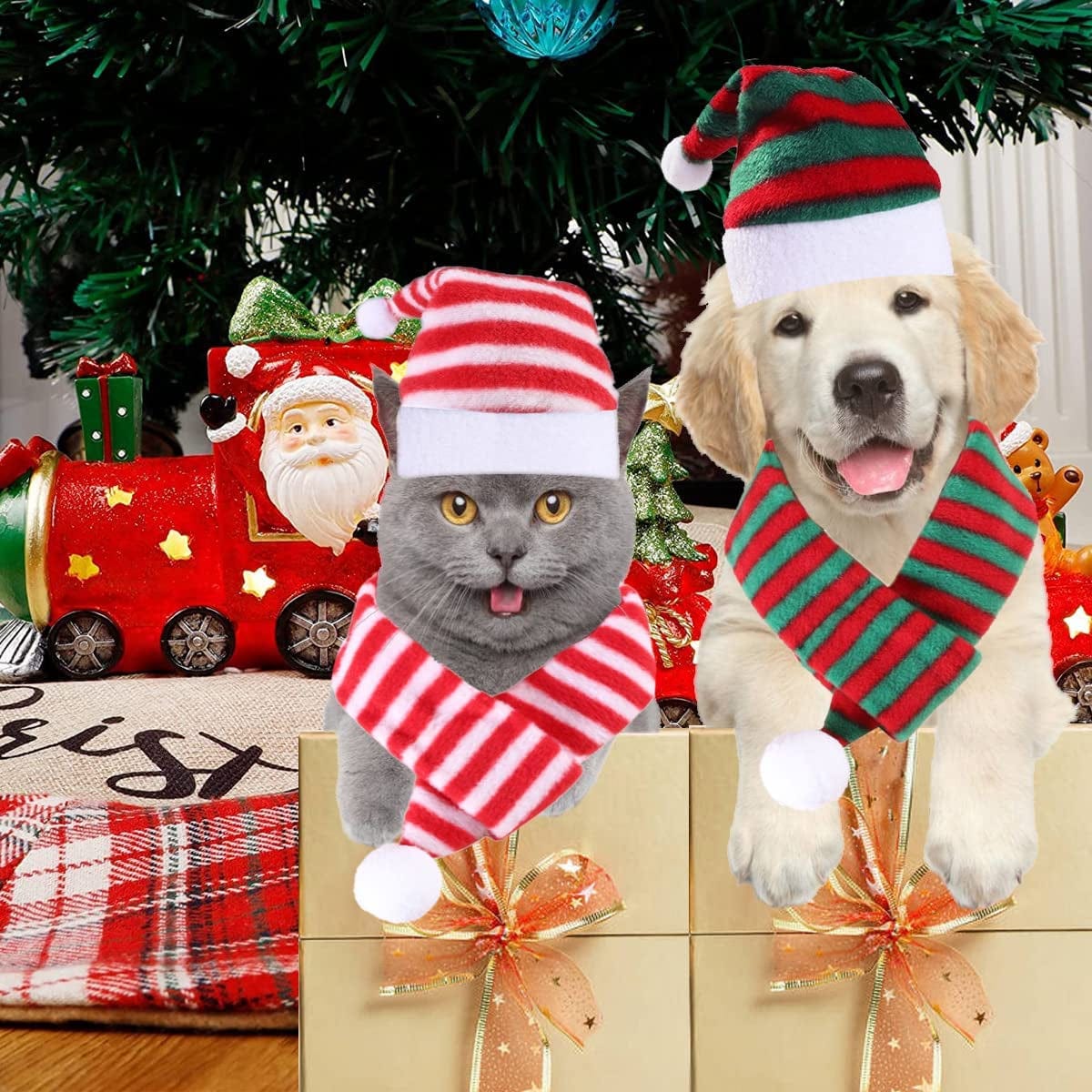 4 Pack Cat Santa Hat with Scarf Dog Christmas Hat and Scarf Striped Christmas Costumes for Small Dogs Cats Animals & Pet Supplies > Pet Supplies > Dog Supplies > Dog Apparel FUEAWIM   