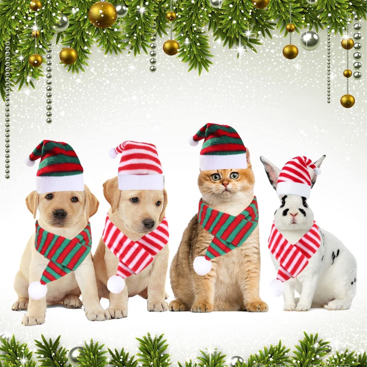 4 Pack Cat Santa Hat with Scarf Dog Christmas Hat and Scarf Striped Christmas Costumes for Small Dogs Cats Animals & Pet Supplies > Pet Supplies > Dog Supplies > Dog Apparel FUEAWIM   