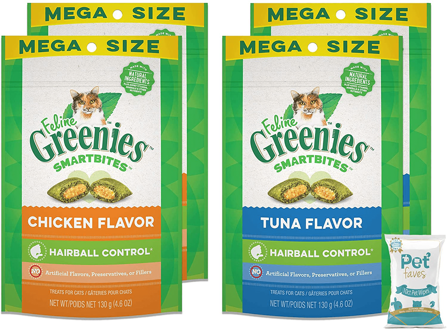 (4 Pack) Greenies Smartbites Hairball Control Chicken and Tuna, (4.6Oz, 2 Each) with 10Ct Petfaves Wipes Animals & Pet Supplies > Pet Supplies > Cat Supplies > Cat Treats Greenies   