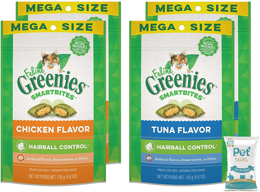 (4 Pack) Greenies Smartbites Hairball Control Chicken and Tuna, (4.6Oz, 2 Each) with 10Ct Petfaves Wipes
