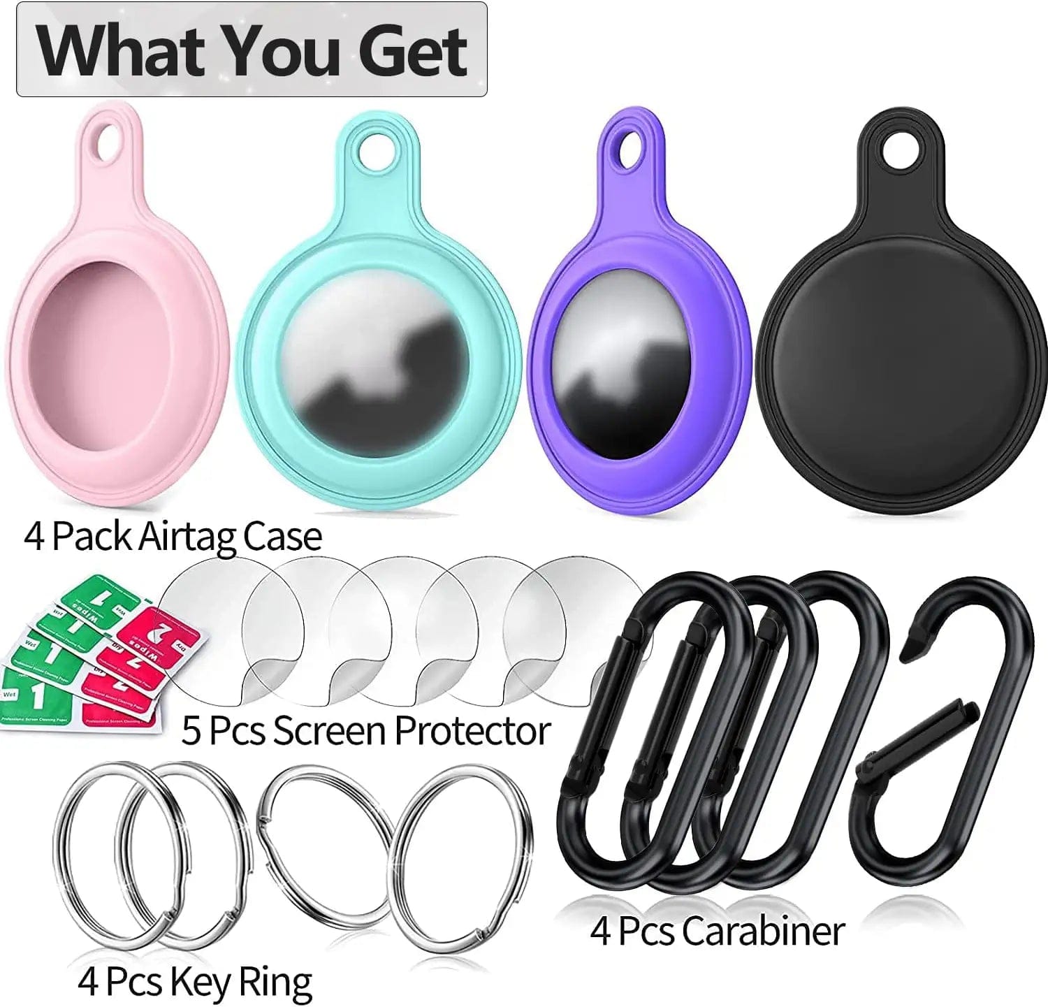 4 Pack Silicone Case for Airtags with Screen Protector Carabiner Keychain Key Ring, Protective Cover Compatible with Apple Airtag Key Finder Tracker Pet Dog Necklace Collar Holder, Air Tag Accessories