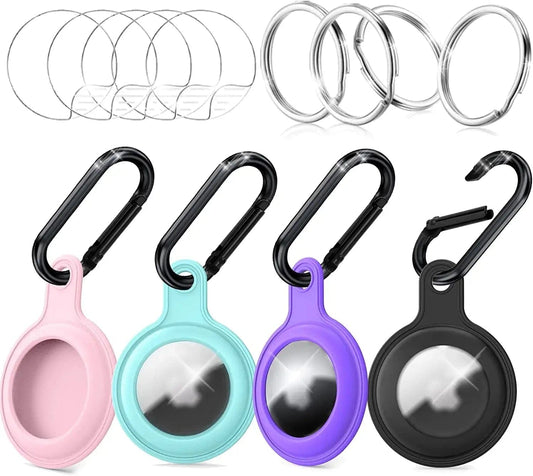 4 Pack Silicone Case for Airtags with Screen Protector Carabiner Keychain Key Ring, Protective Cover Compatible with Apple Airtag Key Finder Tracker Pet Dog Necklace Collar Holder, Air Tag Accessories Electronics > GPS Accessories > GPS Cases Trunple Black+Teal+Purple+Pink  