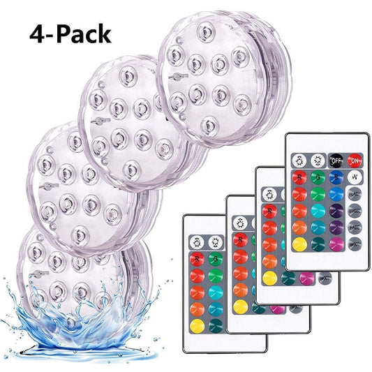4-Pack Submersible LED Lights with IR Remote Controller & Suction Cups, Waterproof Light, Battery Operated (Not Included), Aquarium Lights Decorations Pond Lights