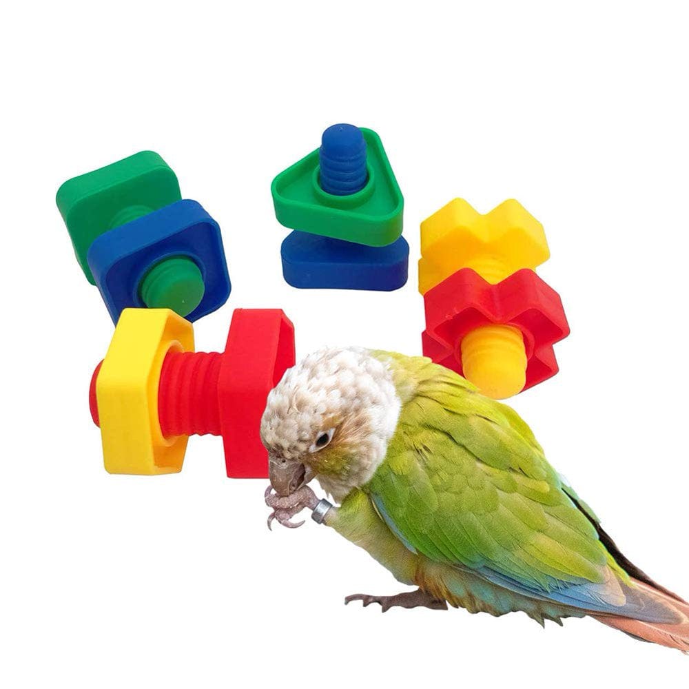 4 Pcs Bird Chewer Chewing Block Toys Set，Parrots Foot Talon Screw Toys，Parakeet Coloured Plastic Nuts Bolts Shaped Toy，Bird Cage Playpen Play Gym Grinding Beak Toy for Cockatiel African Grey Cockatoo