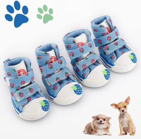 4 Pcs Pet Shoes Puppy Non-Slip Casual Boot Shoes, Blue Cute Strawberry Canvas Anti-Drop Straps Shoes for Small Medium Dogs (5#) Animals & Pet Supplies > Pet Supplies > Dog Supplies > Dog Apparel JIZEUO 5  