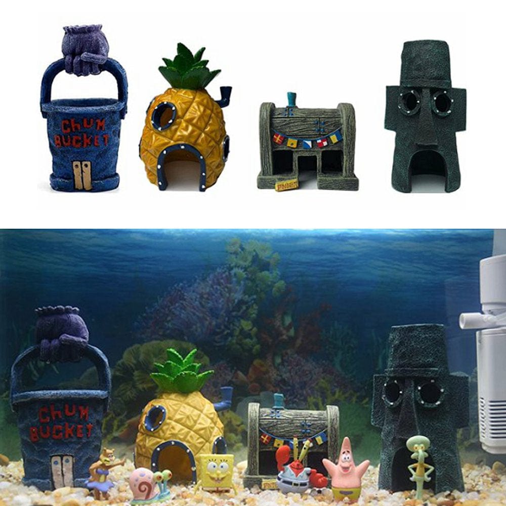 4 PCS Spongebob Fish Tank Decorations Aquarium Decor - Pineapple House, Krusty Krab,Chum Bucket,Easter Island Head House Animals & Pet Supplies > Pet Supplies > Fish Supplies > Aquarium Decor Tendak 4PCS  