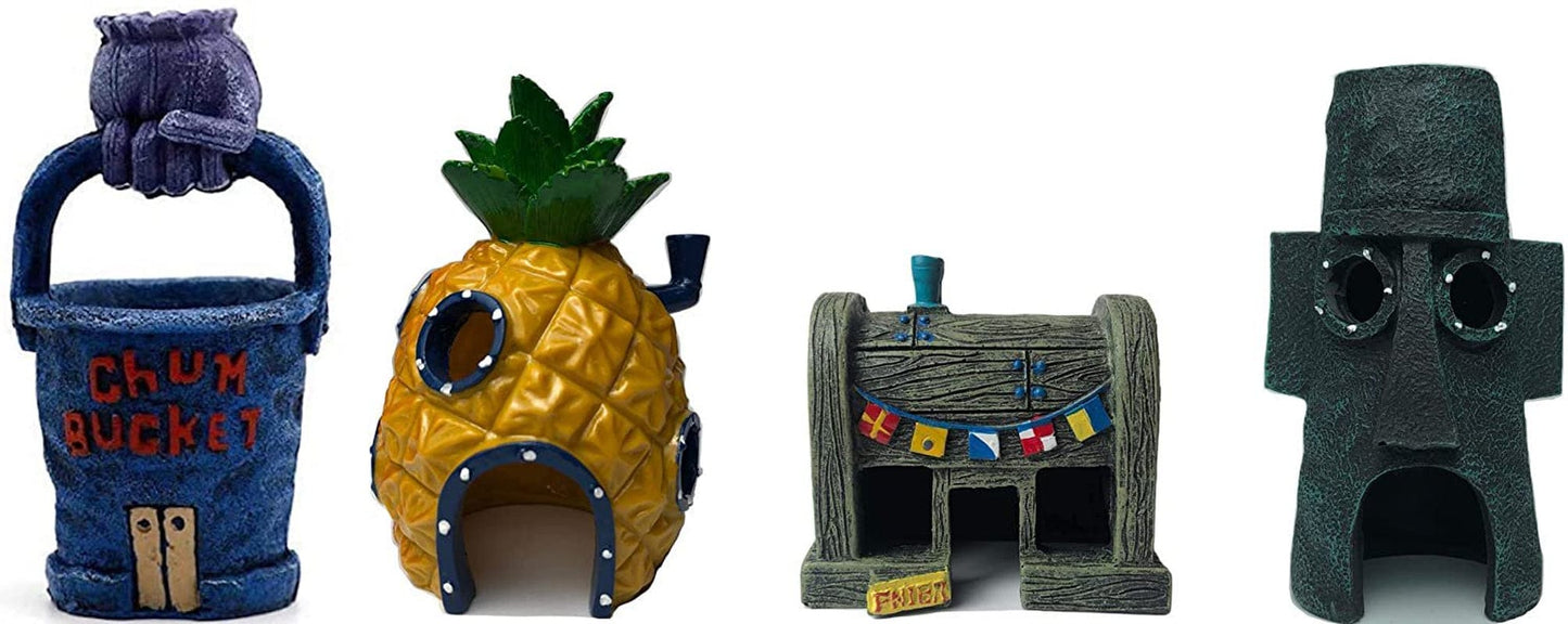 4 PCS Spongebob Fish Tank Decorations Aquarium Decor - Pineapple House, Krusty Krab,Chum Bucket,Easter Island Head House Animals & Pet Supplies > Pet Supplies > Fish Supplies > Aquarium Decor Tendak   