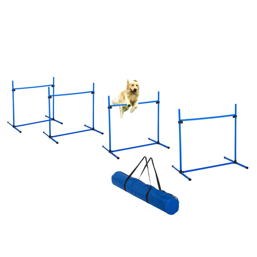 4 Piece Dog Starter Kit with Adjustable Height Jump Bars, Included Carry Bag, & Displacing Top Bar - Blue