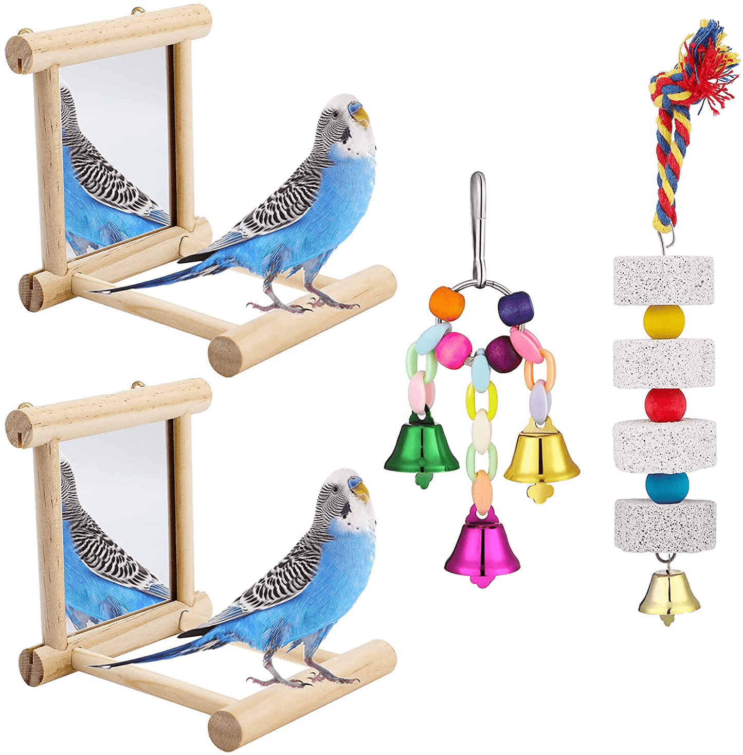 4 Pieces Bird Toys Include Parakeet Mirror for Cage, Parrot Chewing Toy and Colorful Bell String, Parrot Perch Stand, Wooden Hummingbird Swing Toy Parakeet Accessories for Cockatiels Finch Canary Animals & Pet Supplies > Pet Supplies > Bird Supplies > Bird Cage Accessories Jetec   