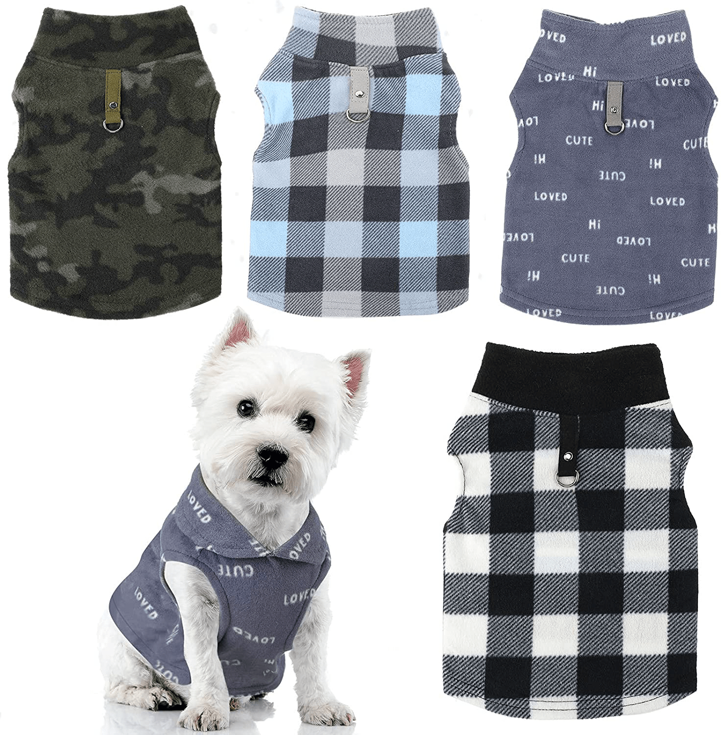 4 Pieces Fabric Dog Sweater with Leash Ring Winter Fleece Vest Dog Pullover Jacket Warm Pet Dog Clothes for Puppy Small Dogs Cat Chihuahua Boy Animals & Pet Supplies > Pet Supplies > Dog Supplies > Dog Apparel Weewooday Camouflage Pattern XS 