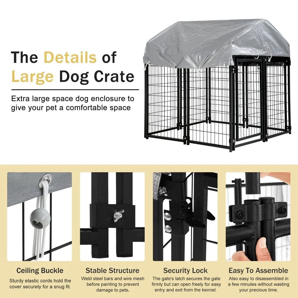 4 X 4 X 4.4 Ft Heavy Duty Large Dog Kennel Outside, Outdoor Dog Pen for outside with UV Protection Waterproof Cover and Roof Metal Welded Dog Crate 6Ft Tall Dog Playpen House for Large Dogs