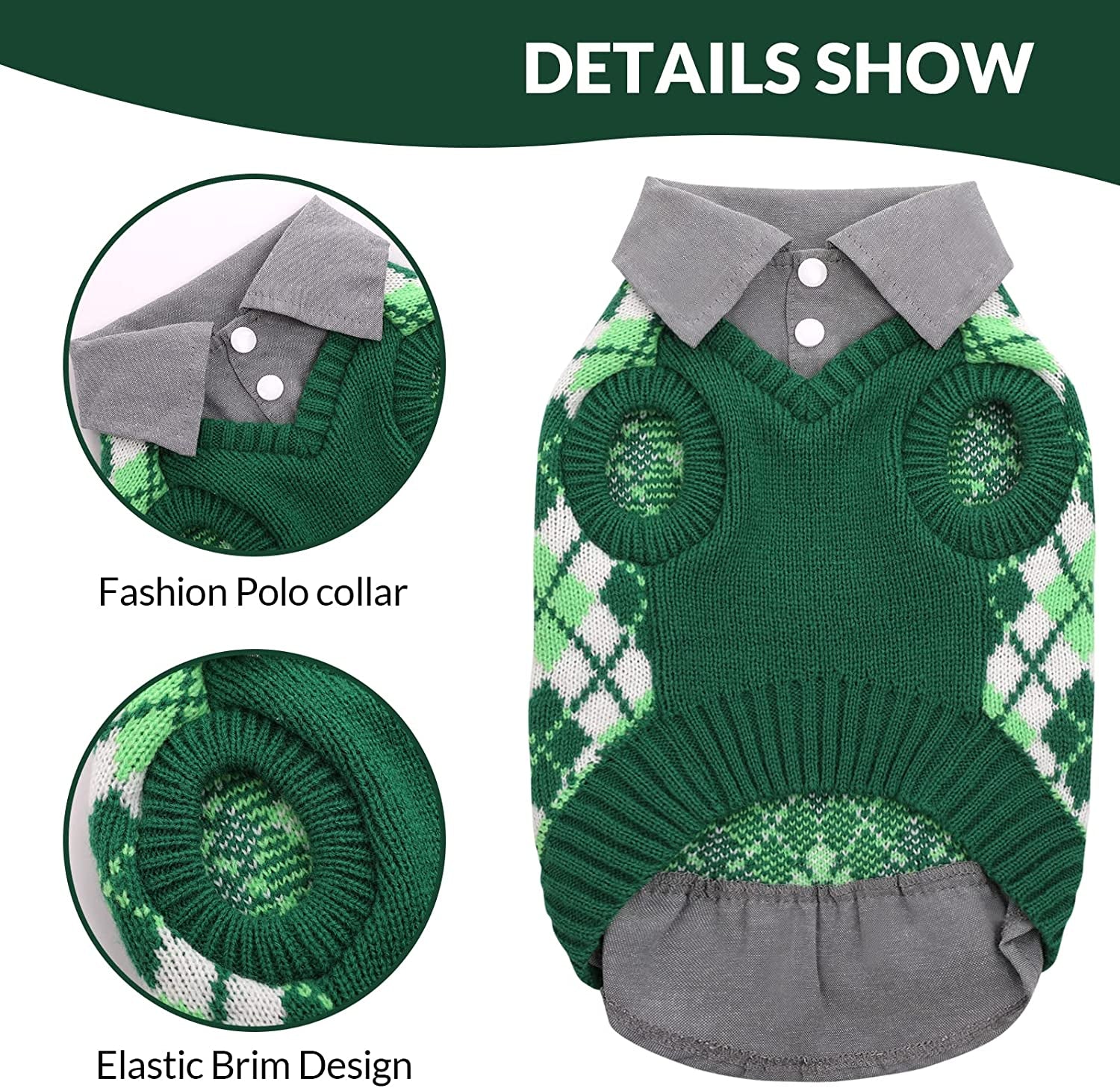 LETSQK Dog Sweater Dog Knitted Pet Clothes Classic Dog Winter Outfit with Plaid Argyle Patterns Warm Dog Sweatshirt with Polo Collar for Small Medium Puppies Dogs Cats, Green, L Animals & Pet Supplies > Pet Supplies > Dog Supplies > Dog Apparel LETSQK   