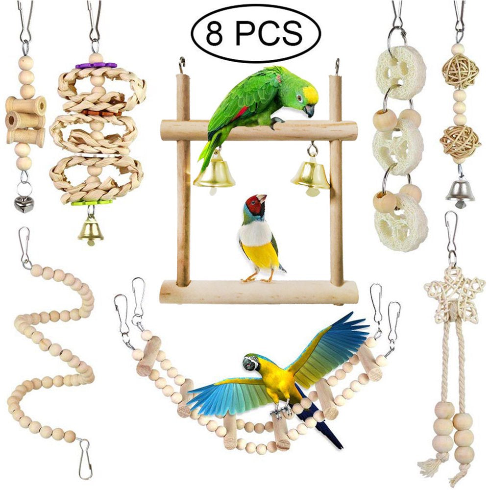 Parrot Wood Toys 8 Pieces Set Including Swing Ladder Wood Perch Chew Toys with Bells for Bird Cage Easy to Install