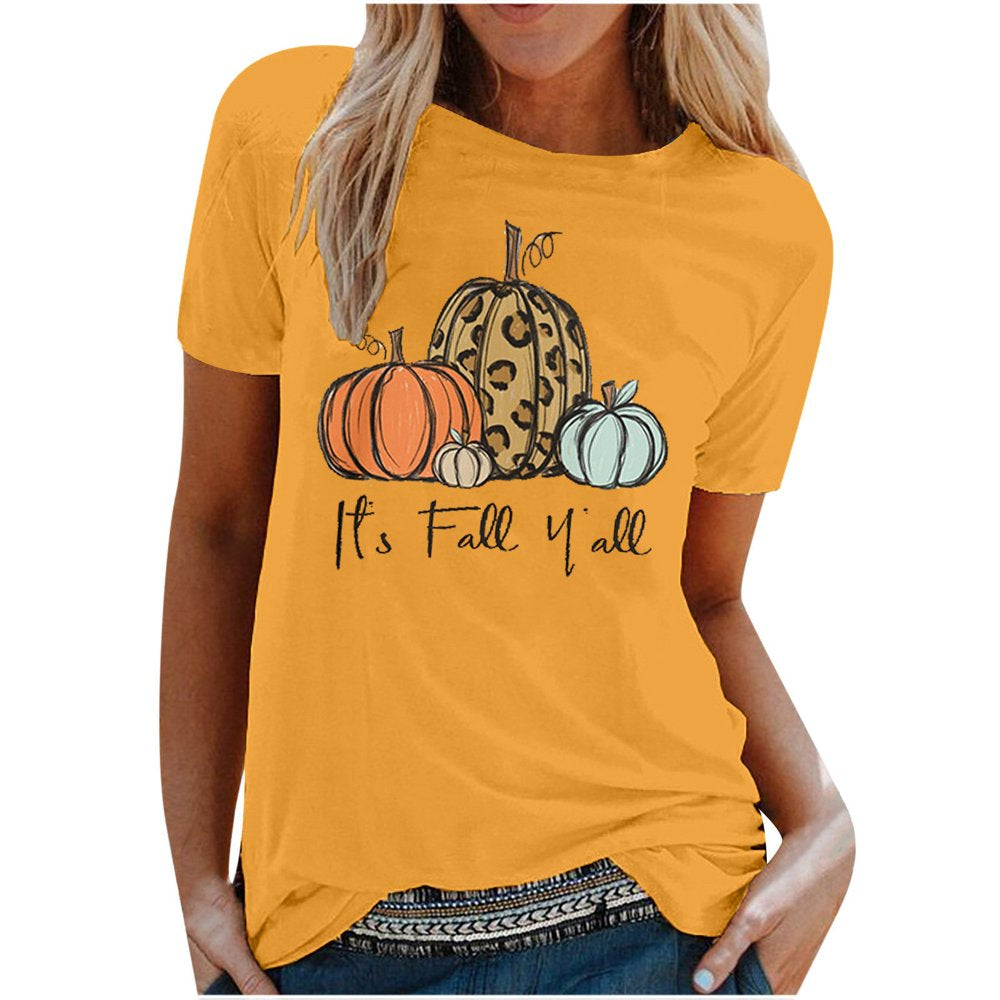 It'S Fall Y'All Women Tops Short Sleeve Pumpkin Graphic Tees Shirts 2022 round Neck Cute T-Shirt Animals & Pet Supplies > Pet Supplies > Cat Supplies > Cat Apparel BRKEWI C-Yellow XXL 