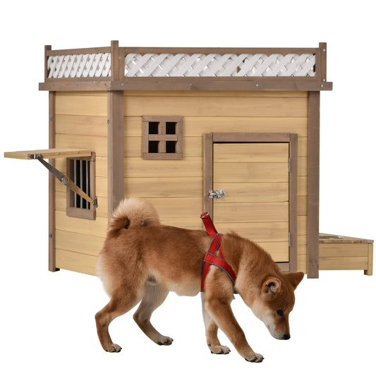 AUKFA 31.5” Wooden Dog House Puppy Shelter Kennel Outdoor & Indoor Dog Crate with Flower Stand - Plant Stand - with Wood Feeder Animals & Pet Supplies > Pet Supplies > Dog Supplies > Dog Houses General   