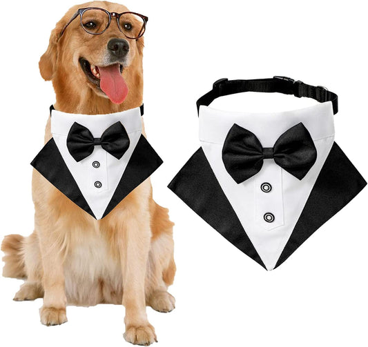 Formal Dog Tuxedo Bandana Dog Wedding Bandana Collar Dog Collar with Bow Tie Adjustable Dog Bowtie Collar Bandana for Small Medium Large Dog Pet (Balck, L)