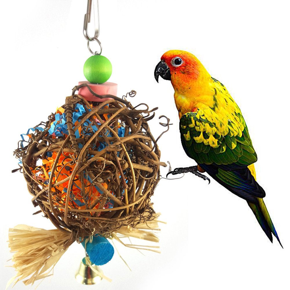 D-GROEE Bird Chewing Toys Rattan Ball with Shredder Toy Parrot Cage Shredder Toy Foraging Hanging Toy for Budgie Parakeet Bird