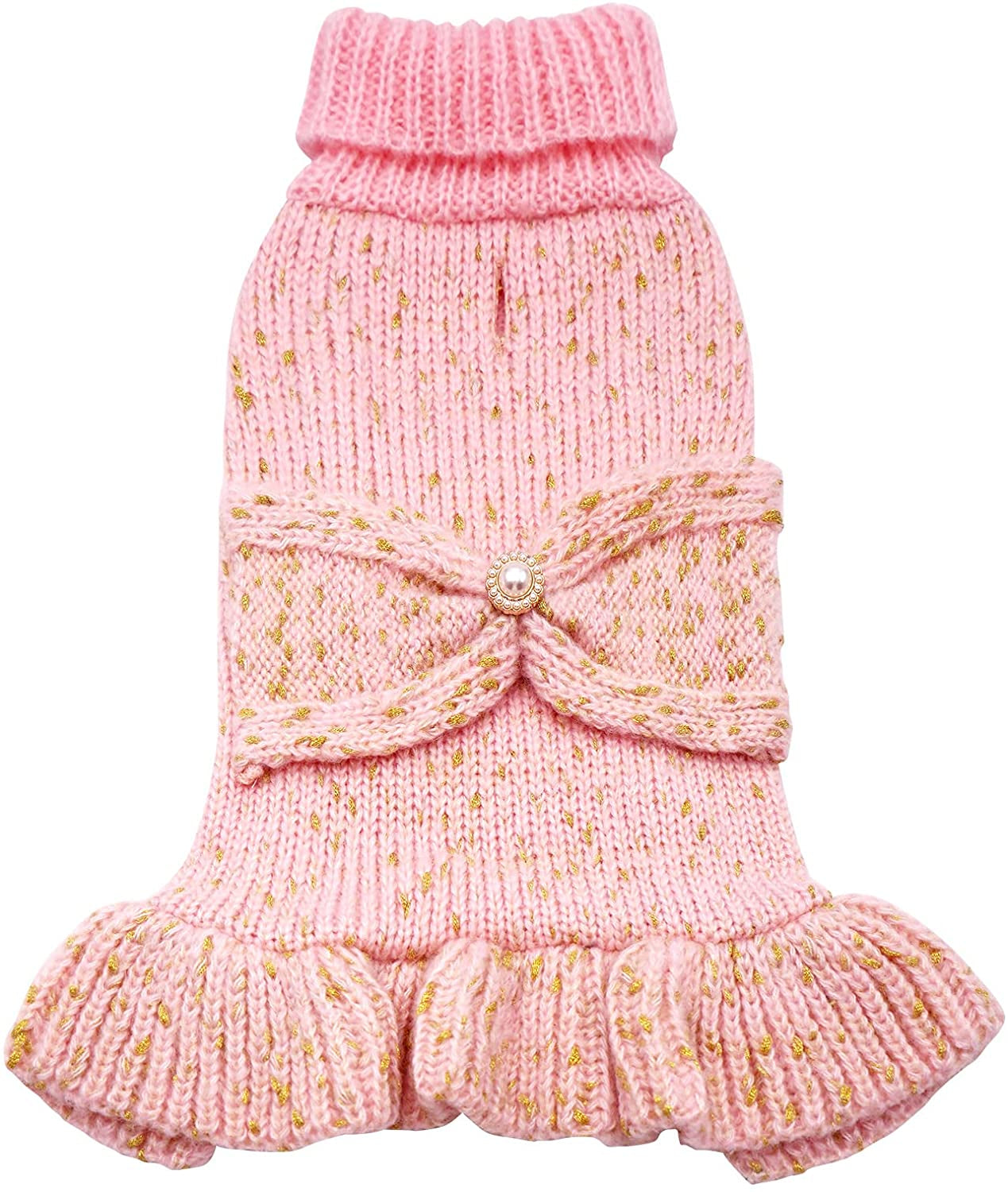 KYEESE Dog Sweater Dress with Golden Thread Turtleneck Dog Knitwear with Bowtie for Small Dogs Dog Coat Fall Winter, Beige,M Animals & Pet Supplies > Pet Supplies > Dog Supplies > Dog Apparel kyeese 1#Golden Thread (Pink) XX-Large (35-60lbs) 