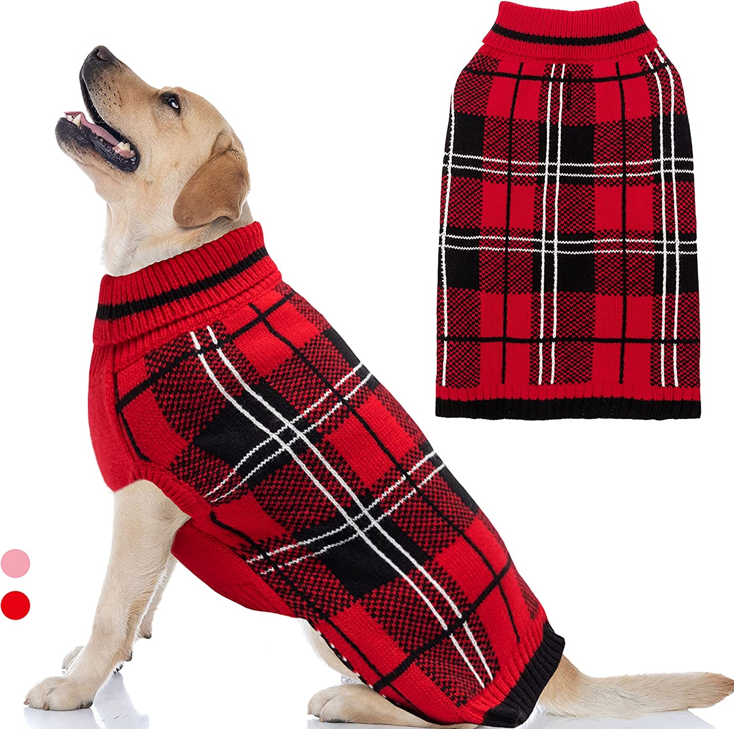 Dog Sweater for Small Medium Large Dog - Pink Plaid Christmas Winter Dog Sweater Vest for Cold Weather - Knitted Turtleneck Warm Pullover Dog Clothes with Leash Hole (S-XL) Animals & Pet Supplies > Pet Supplies > Dog Supplies > Dog Apparel MIMLOB Red L: neck 17"-22", chest 28"-30.5" 