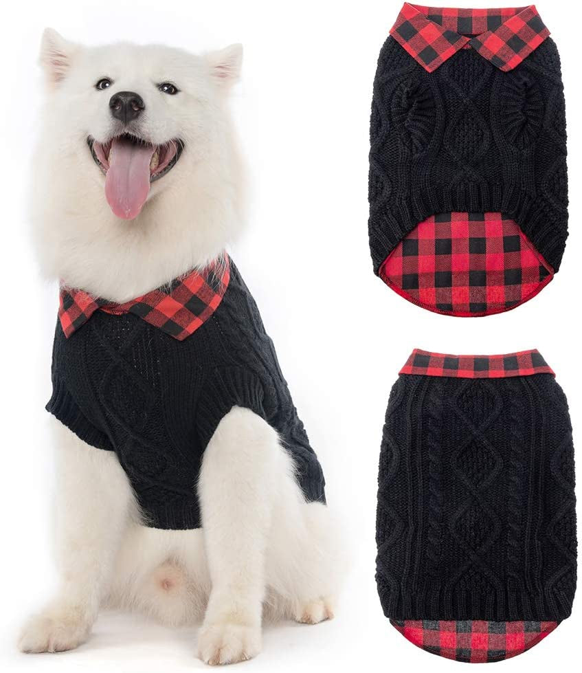 Warm Dog Sweater Winter Clothes - Plaid Patchwork Pet Doggy Knitted Sweaters Comfortable Coats for Cold Weather, Fit for Small Medium Large Dogs Animals & Pet Supplies > Pet Supplies > Dog Supplies > Dog Apparel Homimp Black Medium 