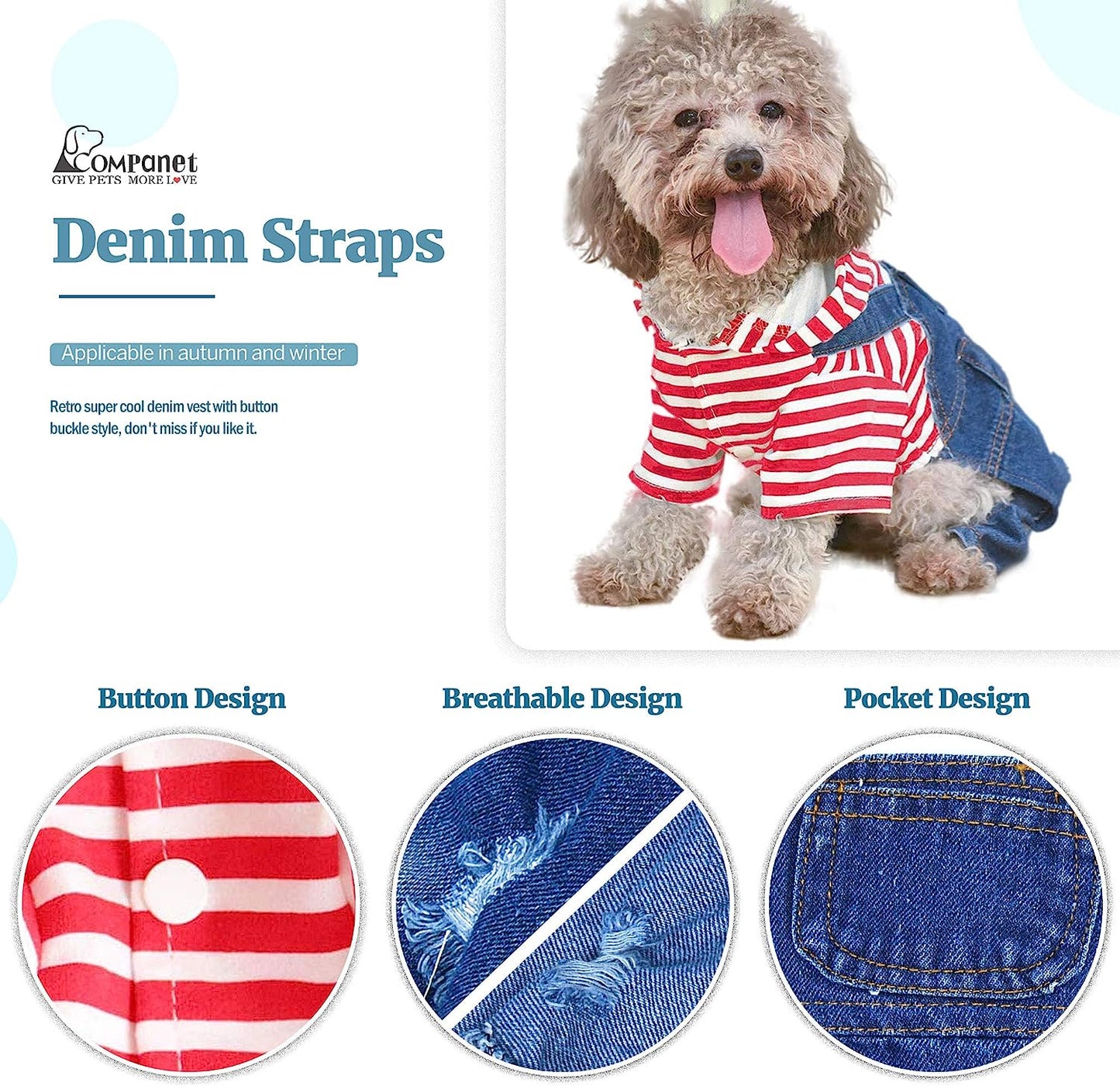 Companet Pet Clothes Pet Denim Dog Jeans Jumpsuit Overall Strip Hoodie Coat Small Medium Dogs Cats Classic Jacket Puppy Blue Vintage Washed Animals & Pet Supplies > Pet Supplies > Dog Supplies > Dog Apparel mondon   