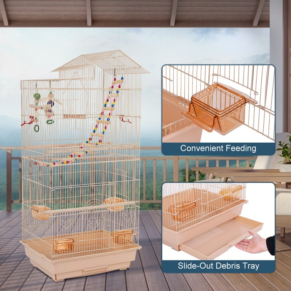 Dkelincs 39 Inch Big Birdcage Study Parakeet Cage Aviary with Accessories Roof Top Flight Parrot Cage with Ladder & Swing for Parakeet, Cockatiels, Parrots, Almond Animals & Pet Supplies > Pet Supplies > Bird Supplies > Bird Cage Accessories Dkeli   